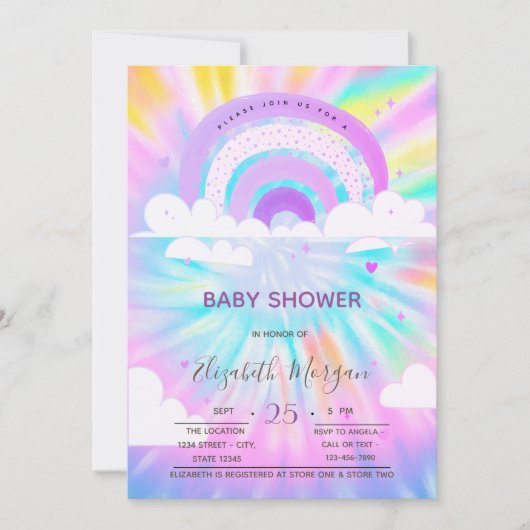レインボークラウドハート絞り染めベビーシャワー 招待状 (正面)