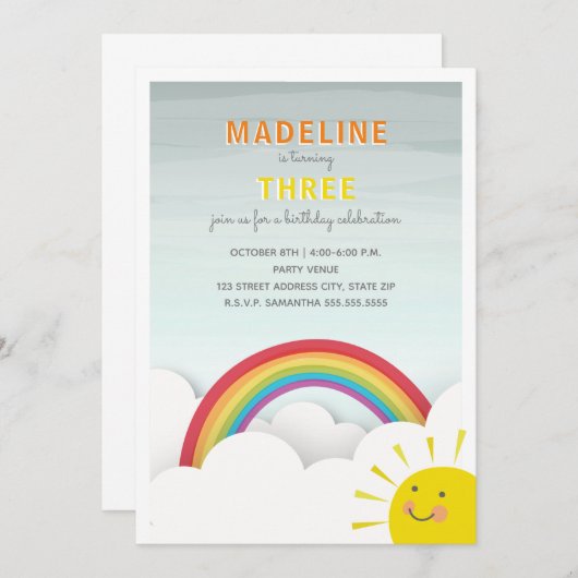 レインボークラウドブルースカイサンシャインバースデーパーティー 招待状 (正面/裏面)