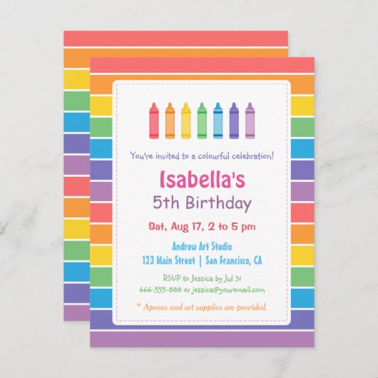 レインボークレヨンズアーツクラフツ子供の誕生日パーティー 招待状 (正面/裏面)