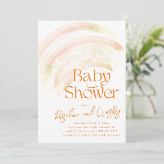 レインボーグラデーションオユニセックスレンジスターズ赤ちゃんシャワー 招待状 (スタンド正面)