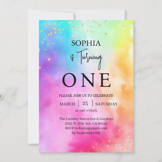 レインボーグラデーションカラフルグリッター第1誕生日パーティー 招待状 (正面)