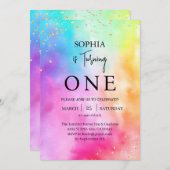 レインボーグラデーションカラフルグリッター第1誕生日パーティー 招待状 (正面/裏面)