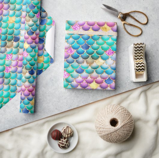 レインボーグラデーションフォイル&金ゴールドグリッターマーメイドはかりで測 ラッピングペーパー (クラフト)