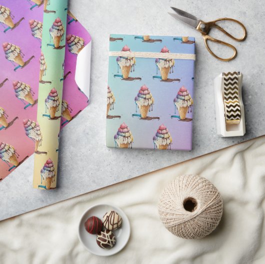 レインボーグラデーション上の滴下アイスクリームコーン ラッピングペーパー (クラフト)