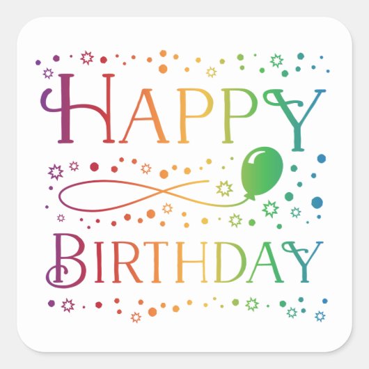 レインボーグラデーション紙吹雪とバルーンハッピーバースデー スクエアシール (正面)