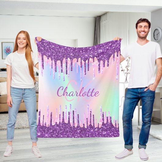 レインボーグリッターは紫のピンクのモノグラムのスクリプトを乾燥させる フリースブランケット