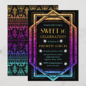 レインボーグリッターアールデコヴィンテージフレームスウィート16 招待状 (正面/裏面)