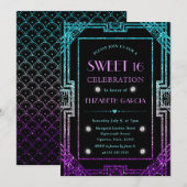 レインボーグリッターアールデコヴィンテージフレームスウィート16 招待状 (正面/裏面)