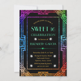 レインボーグリッターアールデコヴィンテージフレームスウィート16 招待状