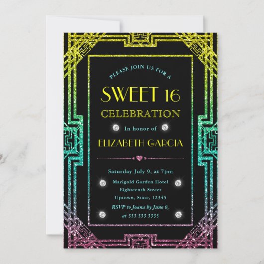 レインボーグリッターアールデコヴィンテージフレームスウィート16 招待状 (正面)