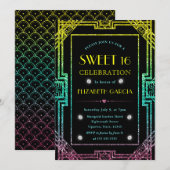 レインボーグリッターアールデコヴィンテージフレームスウィート16 招待状 (正面/裏面)