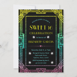 レインボーグリッターアールデコヴィンテージフレームスウィート16 招待状