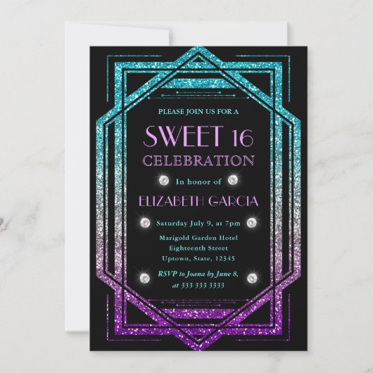 レインボーグリッターアールデコヴィンテージフレームスウィート16 招待状 (正面)