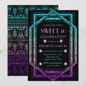 レインボーグリッターアールデコヴィンテージフレームスウィート16 招待状 (正面/裏面)