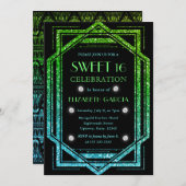 レインボーグリッターアールデコヴィンテージフレームスウィート16 招待状 (正面/裏面)