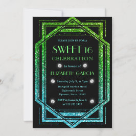 レインボーグリッターアールデコヴィンテージフレームスウィート16 招待状