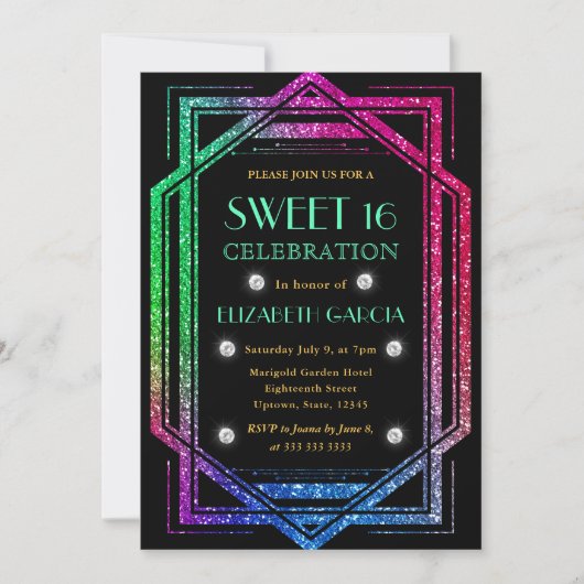 レインボーグリッターアールデコヴィンテージフレームスウィート16 招待状 (正面)