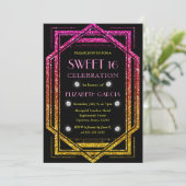 レインボーグリッターアールデコヴィンテージフレームスウィート16 招待状 (スタンド正面)