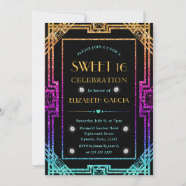 レインボーグリッターアールデコヴィンテージフレームスウィート16 招待状