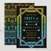 レインボーグリッターアールデコヴィンテージフレームスウィート16 招待状 (正面/裏面)