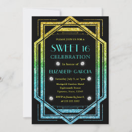 レインボーグリッターアールデコヴィンテージフレームスウィート16 招待状