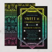 レインボーグリッターアールデコヴィンテージフレームスウィート16 招待状 (正面/裏面)