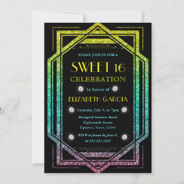 レインボーグリッターアールデコヴィンテージフレームスウィート16 招待状