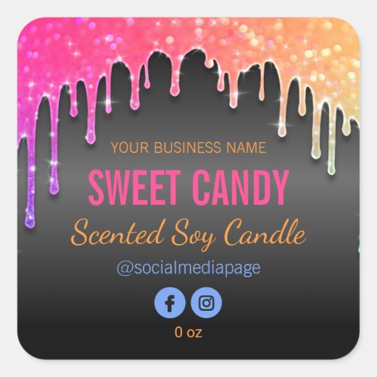 レインボーグリッターオンブラックプロダクトラベル スクエアシール (正面)