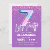 レインボーグリッターガール7th誕生日バルーンネオン 招待状 (正面)