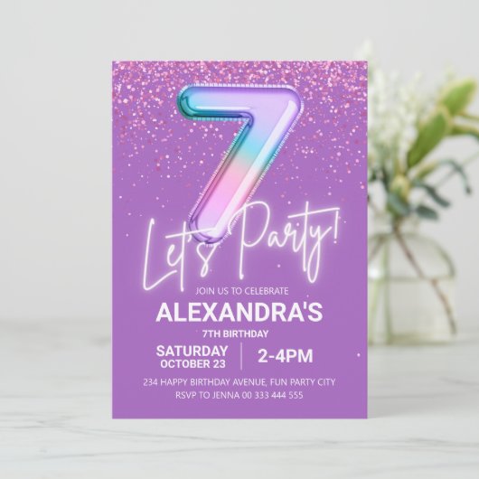 レインボーグリッターガール7th誕生日バルーンネオン 招待状 (スタンド正面)