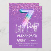 レインボーグリッターガール7th誕生日バルーンネオン 招待状 (正面/裏面)