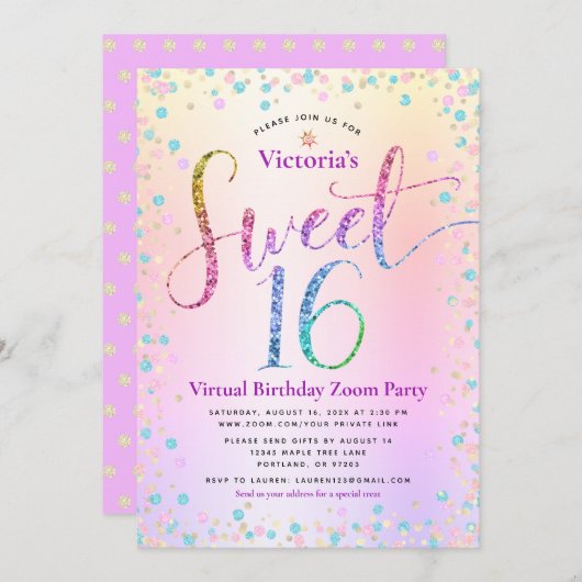 レインボーグリッターグラデーションヴァーチャルスウィート16誕生日 招待状 (正面/裏面)