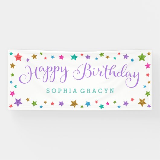 レインボーグリッタースターズパープルハッピーバースデーバナー 横断幕 (横)