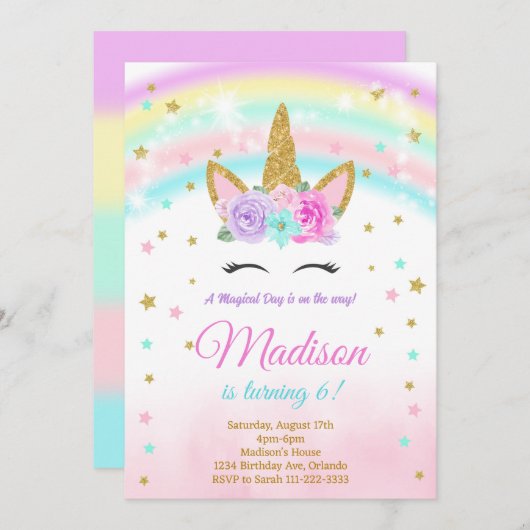 レインボーグリッタースターズユニコーン誕生日招待状 招待状 (正面/裏面)