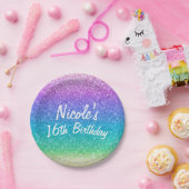 レインボーグリッタースパークルグラムバースデーパーティカスタムー ペーパープレート (パーティー)