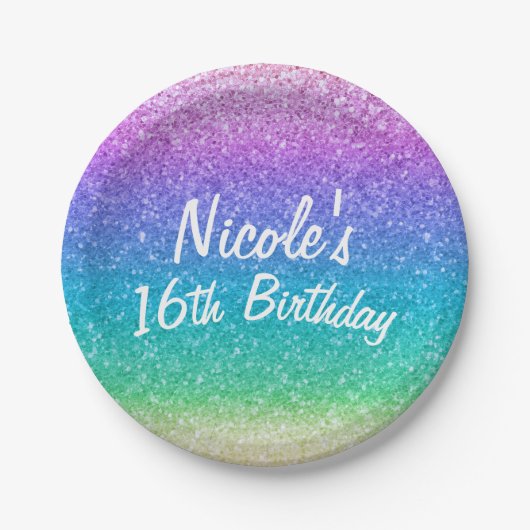 レインボーグリッタースパークルグラムバースデーパーティカスタムー ペーパープレート (正面)