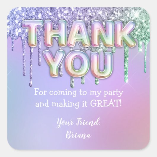 レインボーグリッタードリップスガールバースデーパーティーの好意 スクエアシール (正面)