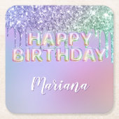 レインボーグリッタードリップスガールバースデーパーティー スクエアペーパーコースター (正面)