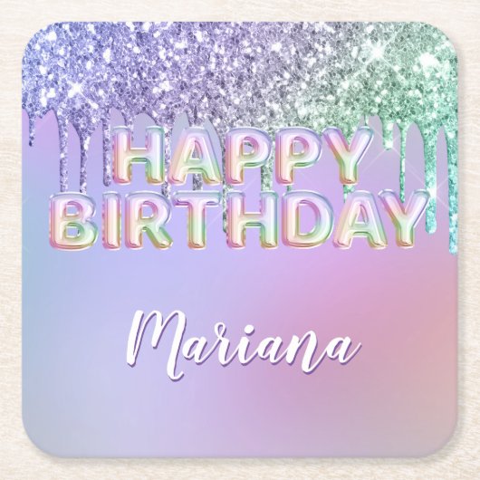 レインボーグリッタードリップスガールバースデーパーティー スクエアペーパーコースター (正面)