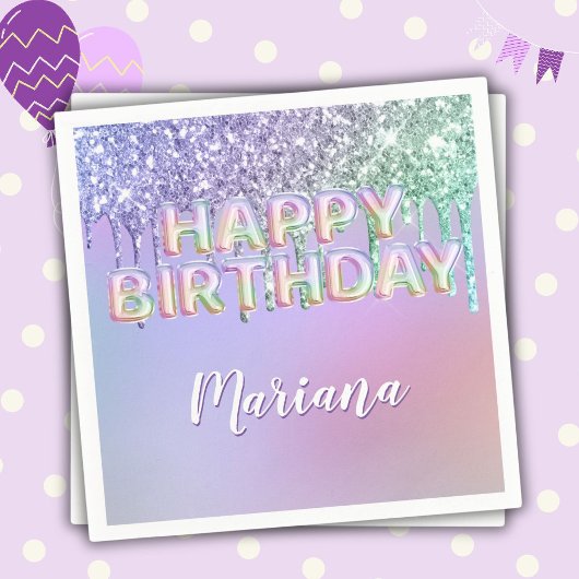 レインボーグリッタードリップスガールバースデーパーティー スタンダードカクテルナプキン