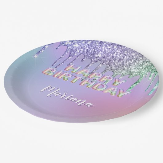 レインボーグリッタードリップスガールバースデーパーティー ペーパープレート (アングル)