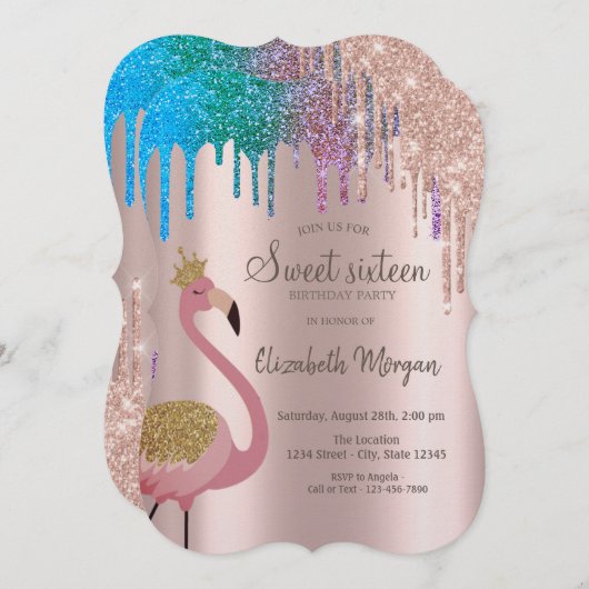 レインボーグリッタードリップスフラミンゴススウィート16誕生日 招待状 (正面/裏面)
