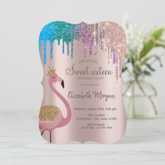 レインボーグリッタードリップスフラミンゴススウィート16誕生日 招待状 (スタンド正面)