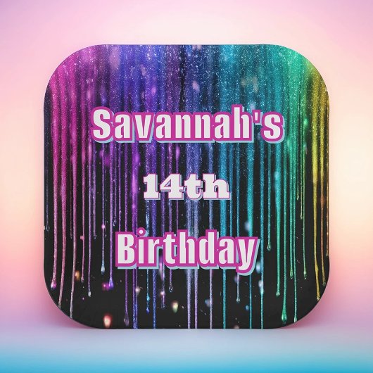 レインボーグリッタードリップバースデーパーティー ペーパープレート