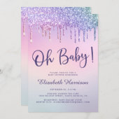 レインボーグリッタードリップピンクベビーシャワー 招待状 (正面/裏面)