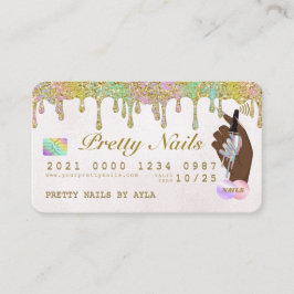 レインボーグリッタードリップホログラフィック爪、 ネイル技術クレジット 名刺