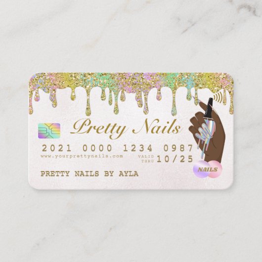 レインボーグリッタードリップホログラフィック爪、 ネイル技術クレジット  名刺 (正面)