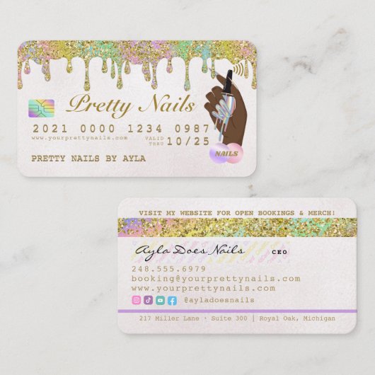 レインボーグリッタードリップホログラフィック爪、 ネイル技術クレジット 名刺 (正面/裏面)