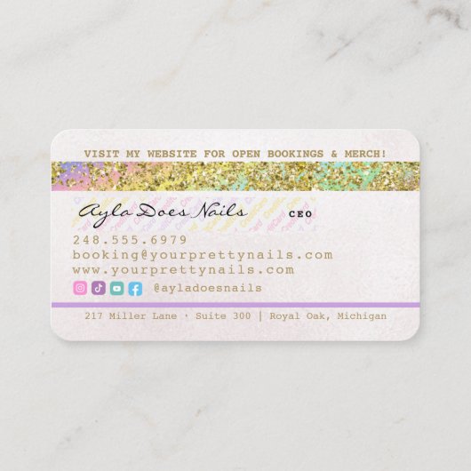 レインボーグリッタードリップホログラフィック爪、 ネイル技術クレジット 名刺 (裏面)
