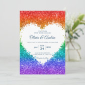 レインボーグリッターハートフレーム結婚ゲイプライド 招待状 (スタンド正面)